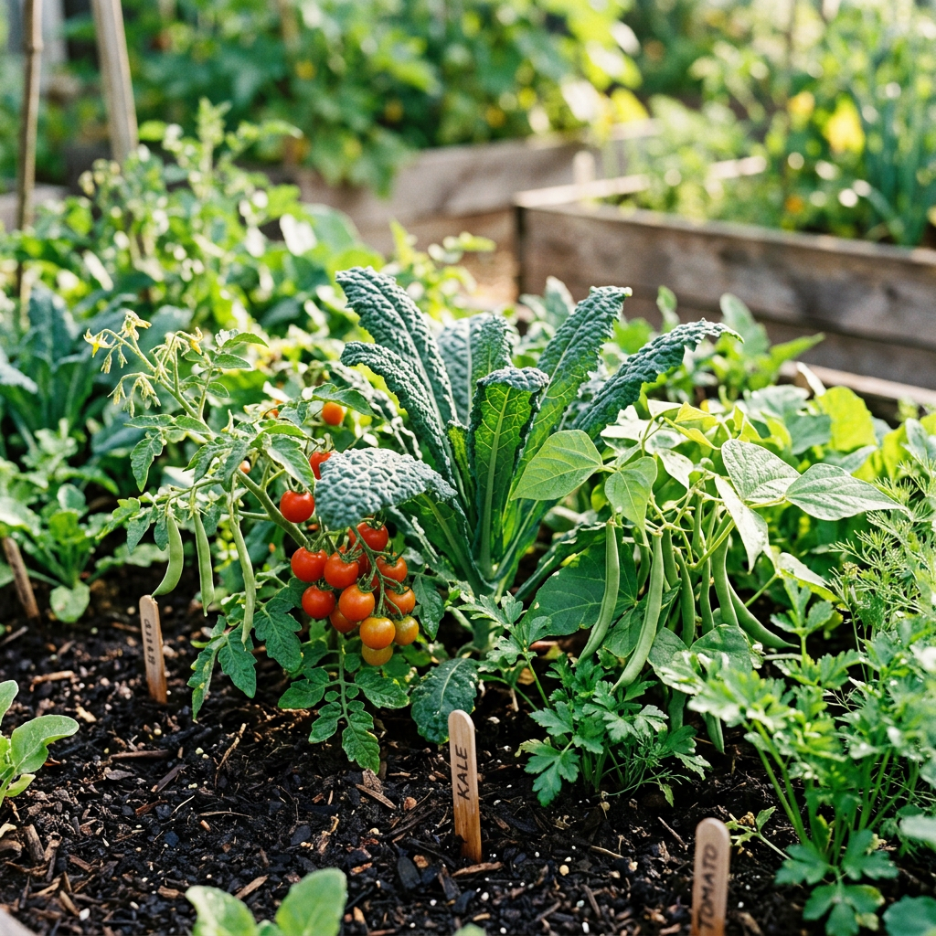 Close-up vegetables growing in garden, horizontal header